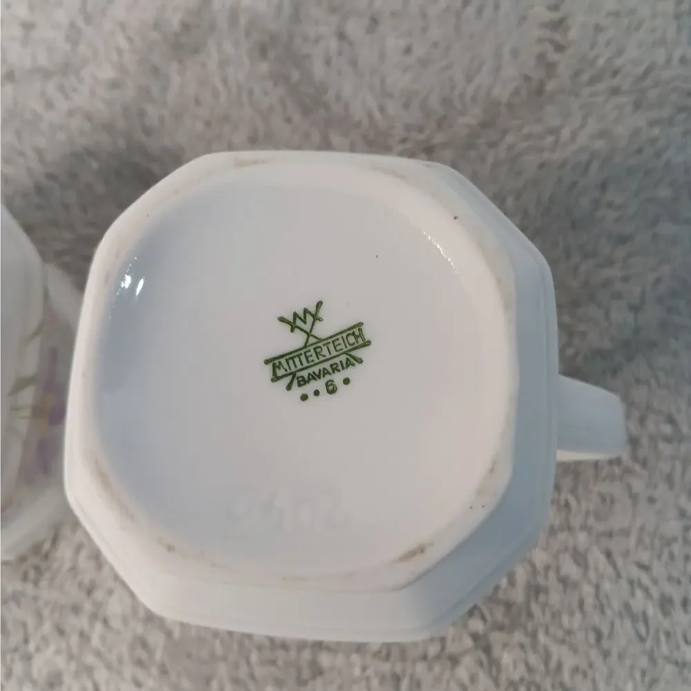 Mitterteich Floral Creamer and Sugar Dish Bowl with Lid White Purple Vintage